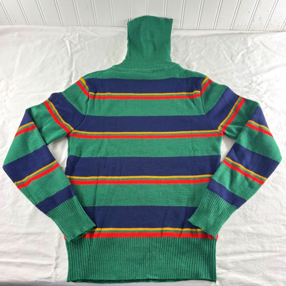 Vintage Green Striped Turtleneck Sweater Womens Large Retro Acrylic Knit Top
